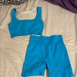 Blue Ribbed Crop Top and Shorts Set